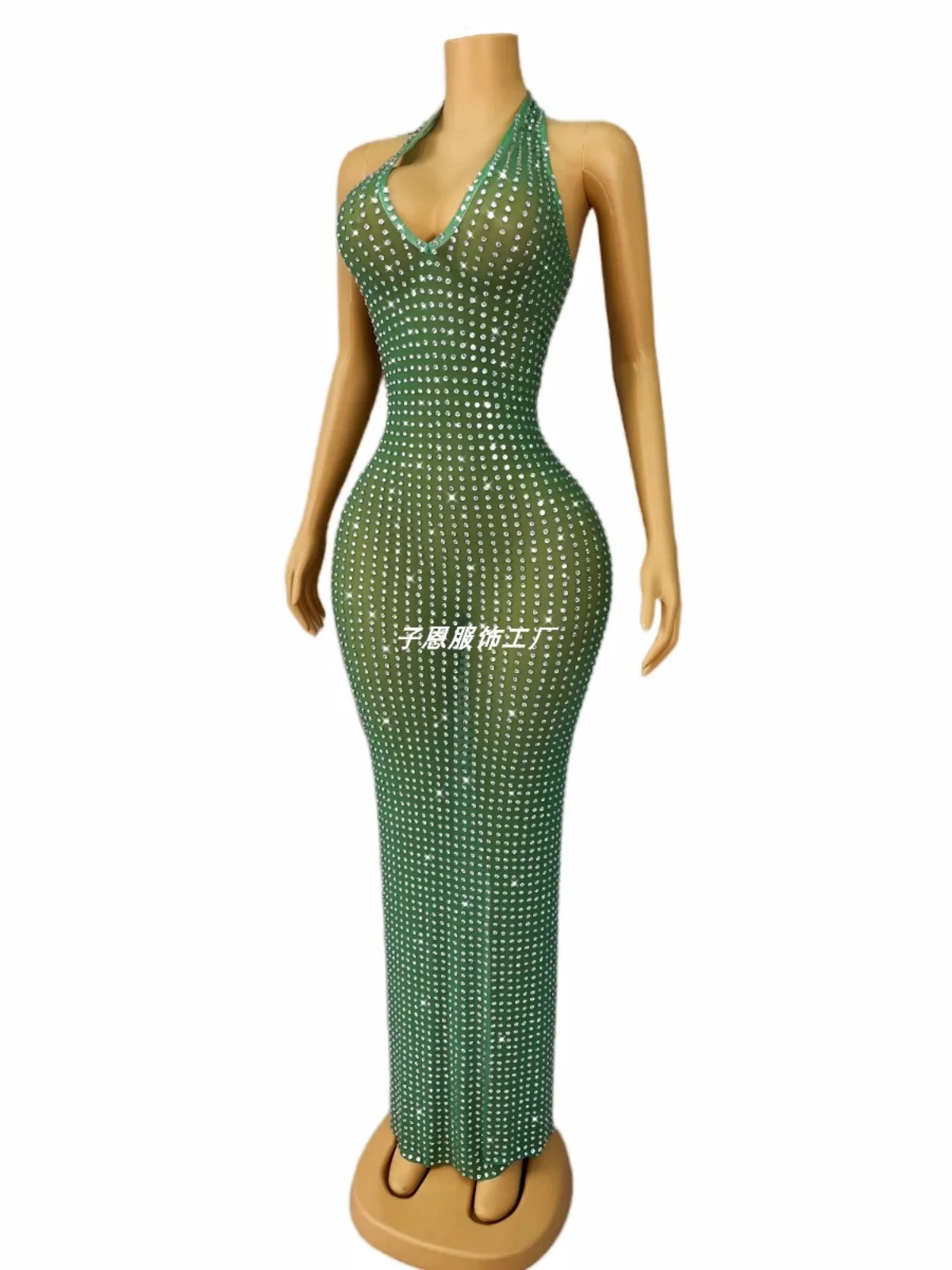 Simple fresh green sparkling rhinestone V-neck halter dress Cocktail Party elegant dress costume