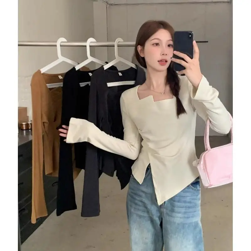 Women\'s Spring Autumn Fashionable Elegant One Shoulder Long Sleeve Pullover Bottom Shirt Casual Versatile Western Commuter Tops