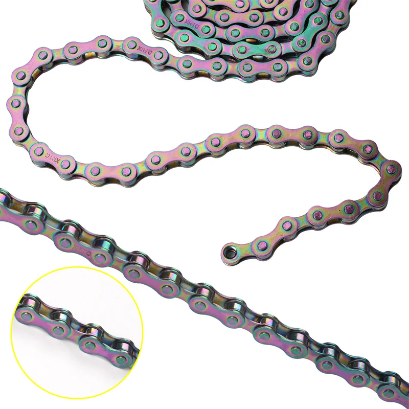 1-Gang-Fahrradkette, Regenbogenfarbe, Single-Speed-Fahrradkette, 104 Glieder, MTB/Rennrad-Ersatz-Fahrradteile – Detail 3