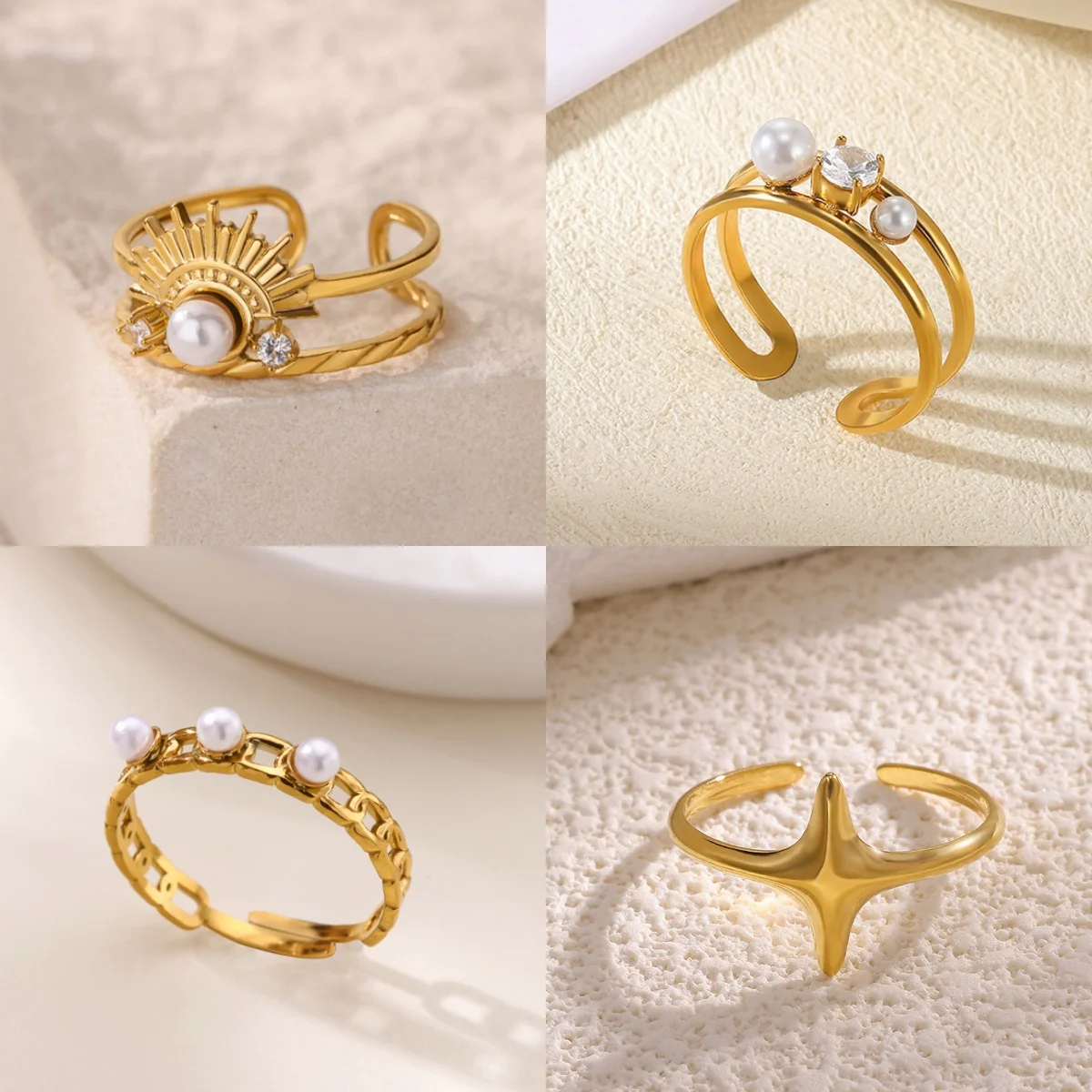 Vintage Geometrische Muschel-Damenringe 18K Vergoldet Imitationsperle Zirkonia Minimalistischer Schmuckring