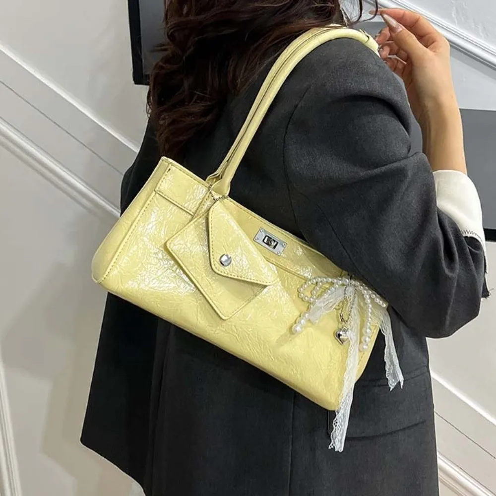 

Shopping Sweet French Stick Handbag Bow Ribbon Hanging Pouch PU Shoulder Bag Lace Large Capacity Texture Underarm Bags Work