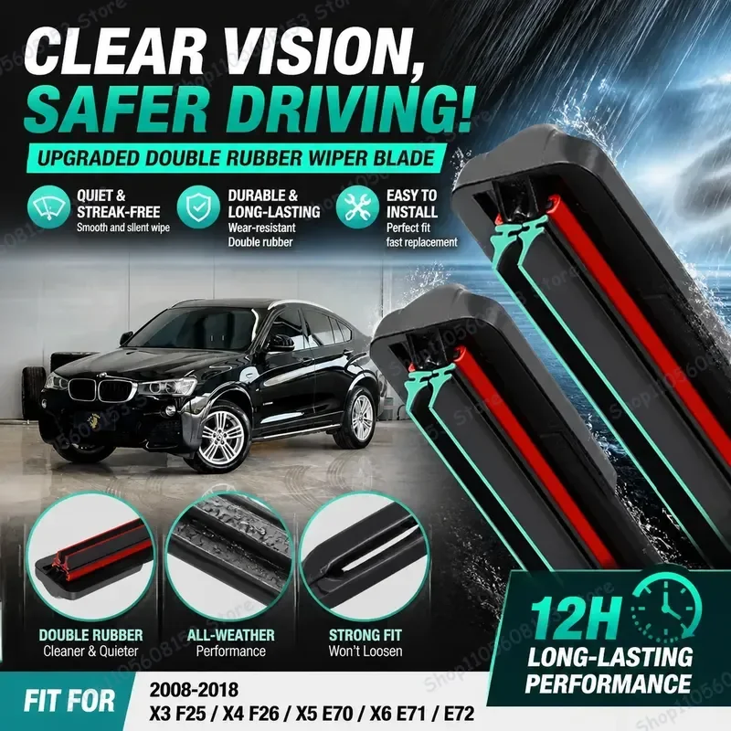 For BMW X3 F25 X4 F26 X5 E70 X6 E71 E72 2008–2018 Premium 11-Layer Silicone Windshield Wiper Blades with Strong Adhesive