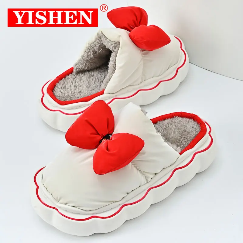 YISHEN Slippers Women Winter Indoor Bow Tie Down Cloth Chunky Slides Warm Slippers For Women Cotton Shoes Zapatillas Mujer