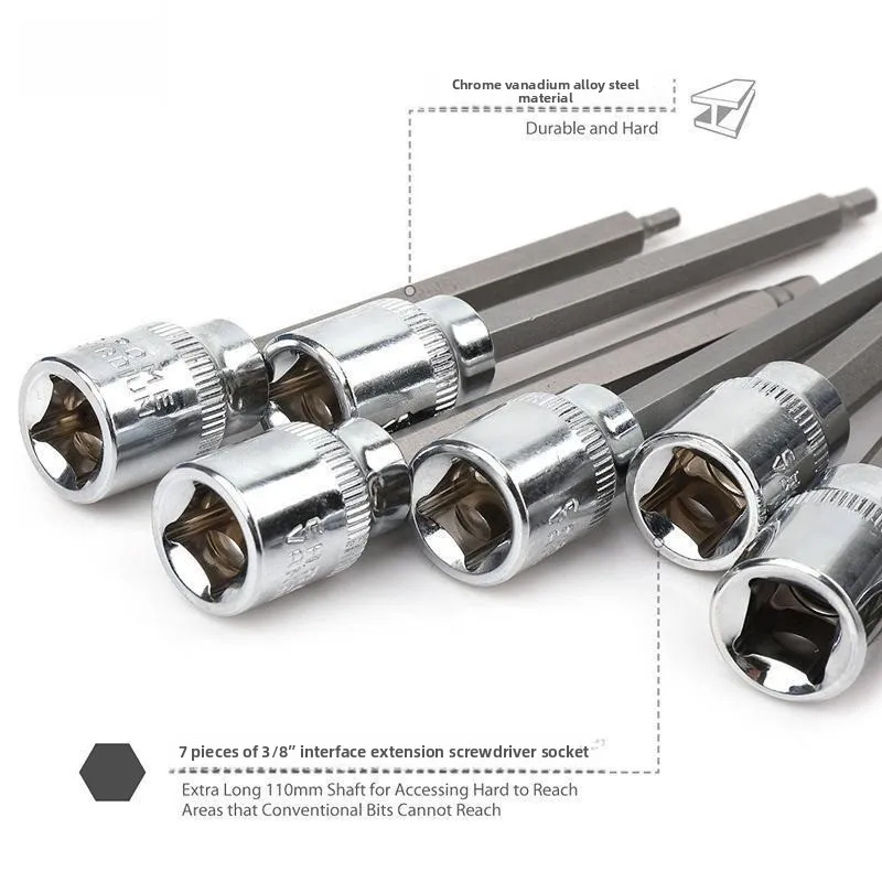 7-Piece set of pressing batch sleeve set, extended inner hexagon screwdriver, wind batch head, rotary head sleeve set