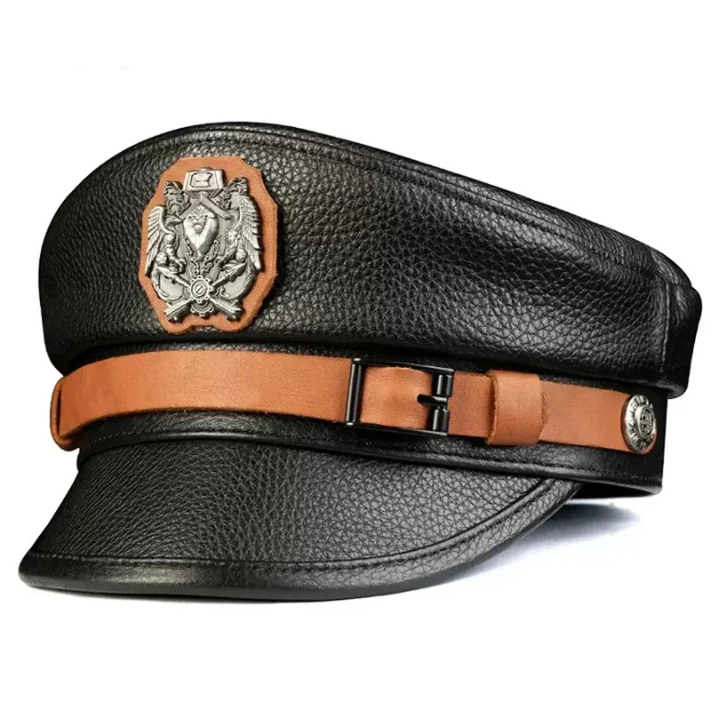 Leather Captain Sailor Caps Men High Quality Cowhide Flat Top Belt Badge European Fashion Cosplay Performance Gorra Military Hat