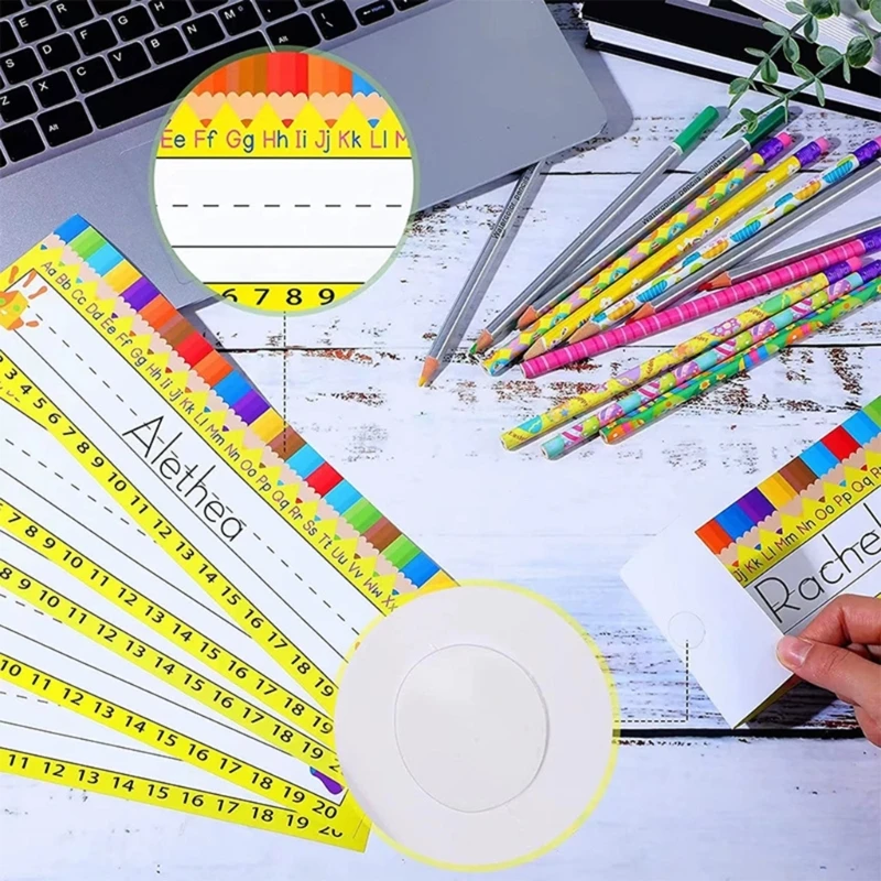 60 Pieces Name Labels Desk Name Stickers Name Tages with Coloured Pencil Pattern Personalised Name Stickers for School