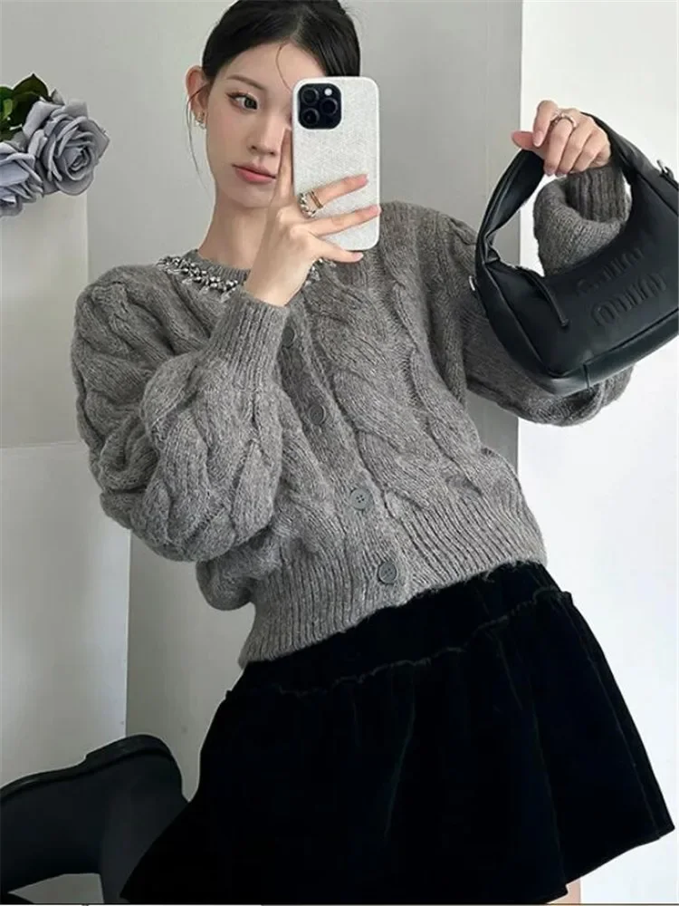 Celebrity Girl Fashion Glitter Rhinestone Grey Sweater Elegant Design O Neck Knit Cardigan New Fall Long Sleeve Short Top Jumper