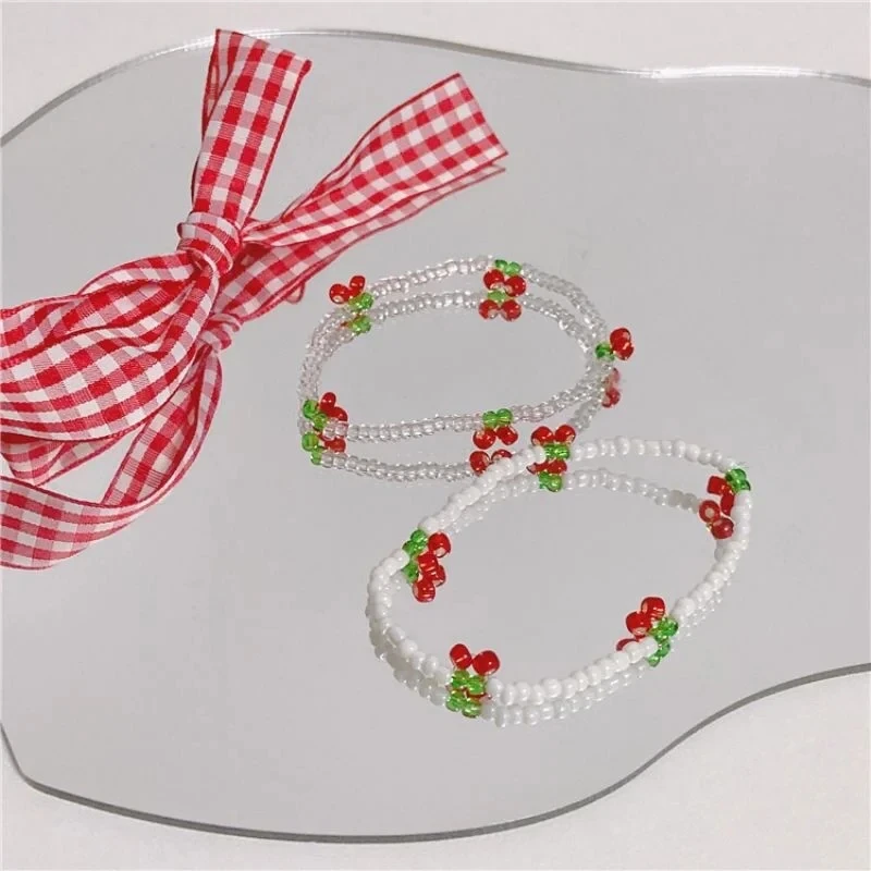Pulsera de cuentas de cristal blanco fresco de nicho de verano tejida a mano elegante simplicidad pulsera de cereza joyería regalos de fiesta para niñas