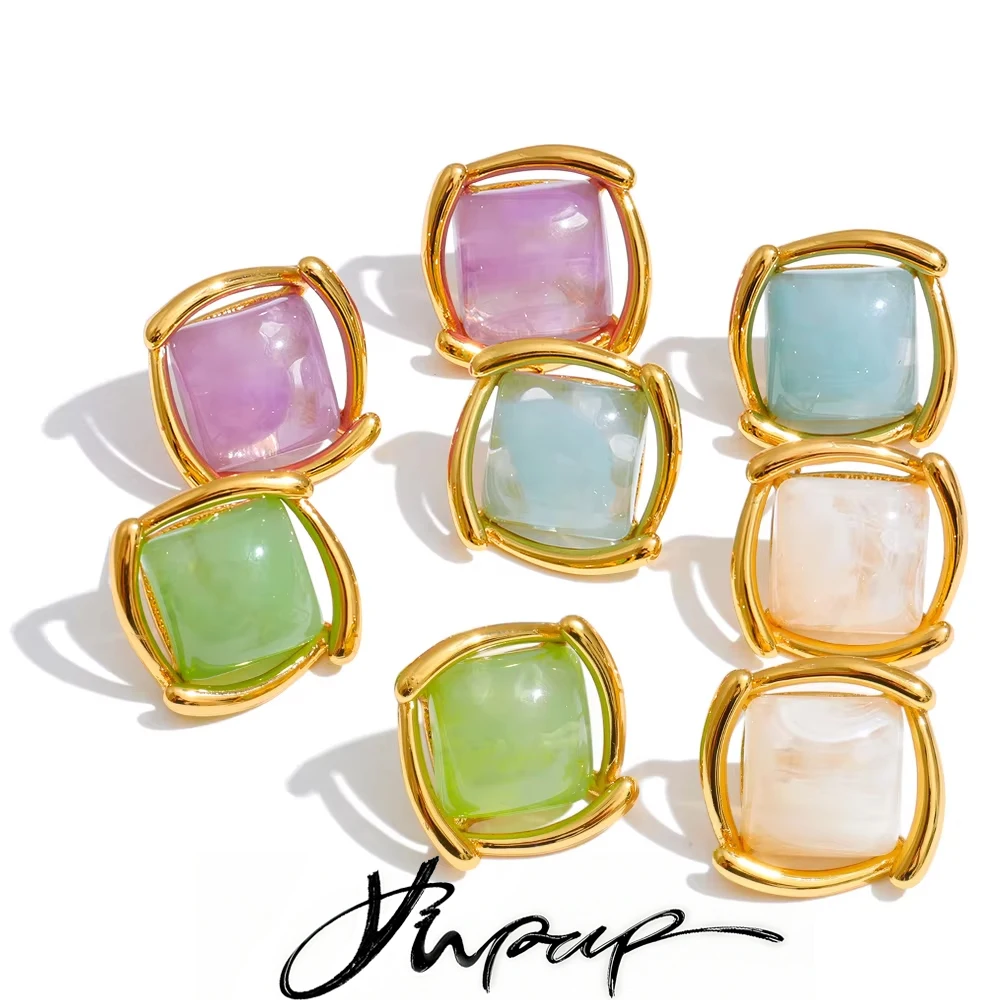 Yhpup Joyful Candy Multi-Color Resin Acrylic Square Stud Earrings Stainless Steel Y2K Popular Jewelry Blue Green Purple White