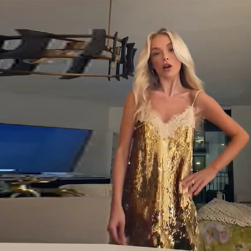 جلام الذهب الترتر فستان الدانتيل بريق مثير حار خمر شيك عارية الذراعين سيدة كامي فساتين صغيرة الحفلات المسائية ثوب المرأة الأنيقة #5