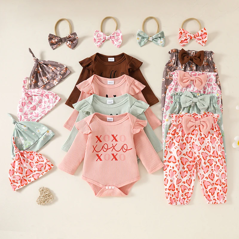 Newborn Baby Girl Fall Outfits Letter Print Long Sleeve Romper Floral/Deer/Heart Print Long Pants Headband Hat 4Pcs Clothes Set