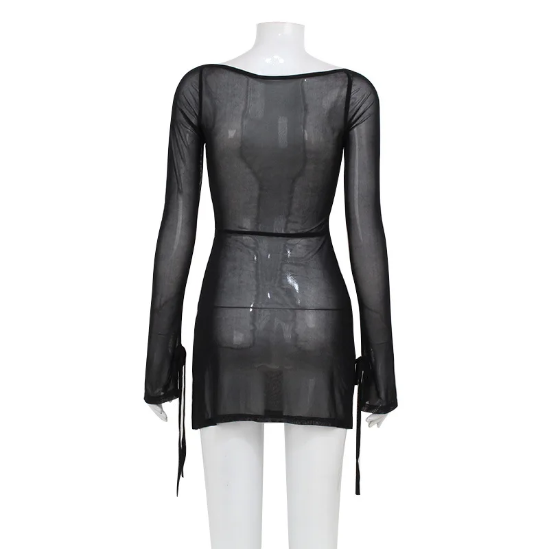 Women Sexy See Through Mesh Split Bodycon Mini Dress Square Neck Long Sleeve Summer Holiday Beach Bikini Cover Ups Clubwear
