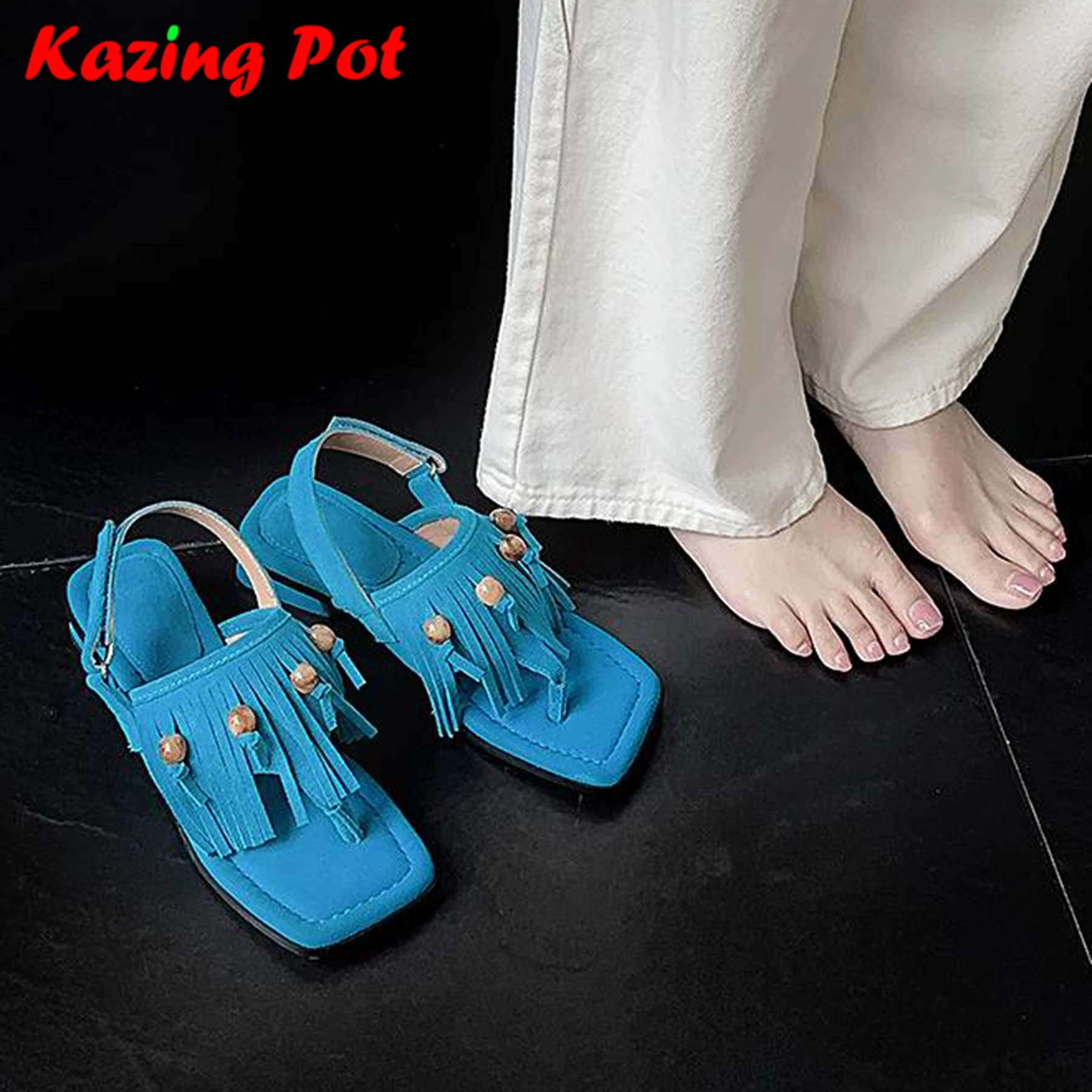 

Krazing Pot, коровья замша, нубук, гладиатор, элегантные летние туфли на толстом низком каблуке с открытым носком, роскошные современные женские сандалии с бахромой и кисточками