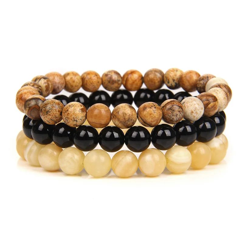 3 Teile/satz 8mm Naturstein Perlen Armband Set Rosa Zebra Rhodonit Mondstein Achate Hämatit Armbänder Für Frauen Männer schmuck – Detail 8