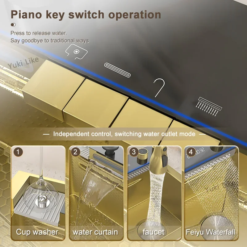 Imagem -05 - Inteligente Multifuncional em Cachoeira Pia Único Desktop Controle Pia de Cozinha Dourada Casa com Temperatura Único Aço Inoxidável