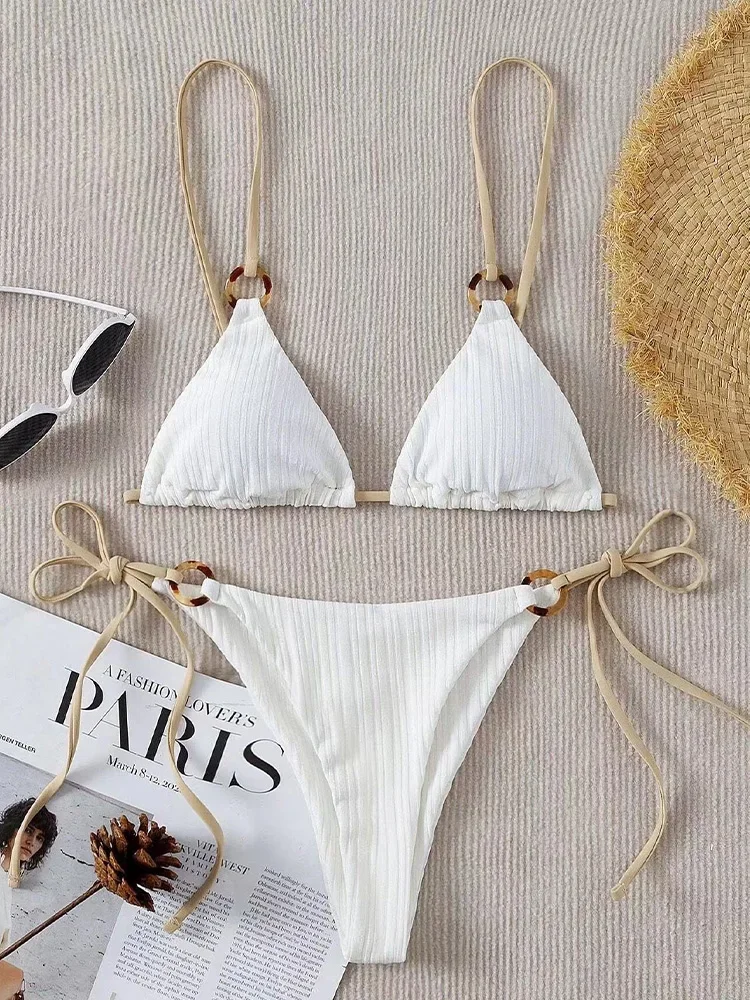 Sexy Lace Up Solid Bikini 2 Piece Set Women Split Swimsuit Backless High Waist Vacation Style Bikini 2024 New Summer Bikinis Set