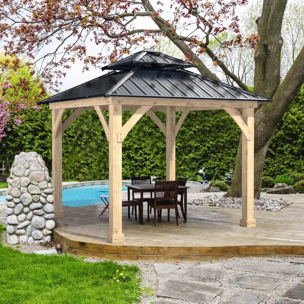 

10 x 10 Ft Outdoor Hardtop Gazebo, Heavy-Duty Wood Permanent Patio Pavilion Shelter with 2-Tier Galvanized Steel Top
