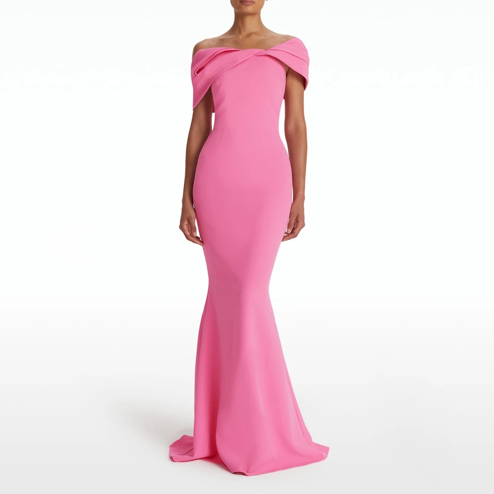 Muloong Pink Off-shoulder Dress with Asymmetric Shoulder Drape Party Dress Floor Length Mermaid Luxury Evening Dress 2023