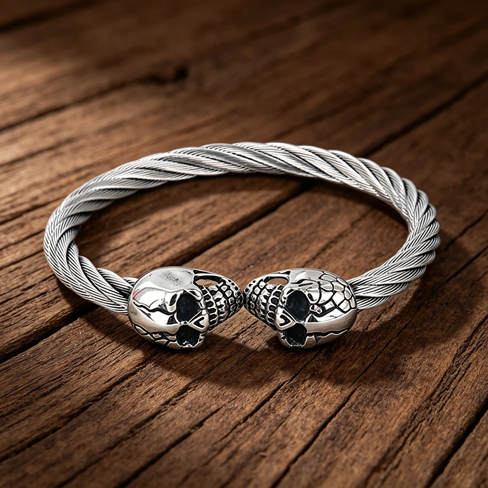Stainless Steel Double Skull Bracelet Vintage Skeleton Open Bangle for Men Women Punk Rock Biker Jewelry Best Gift Dropshipping