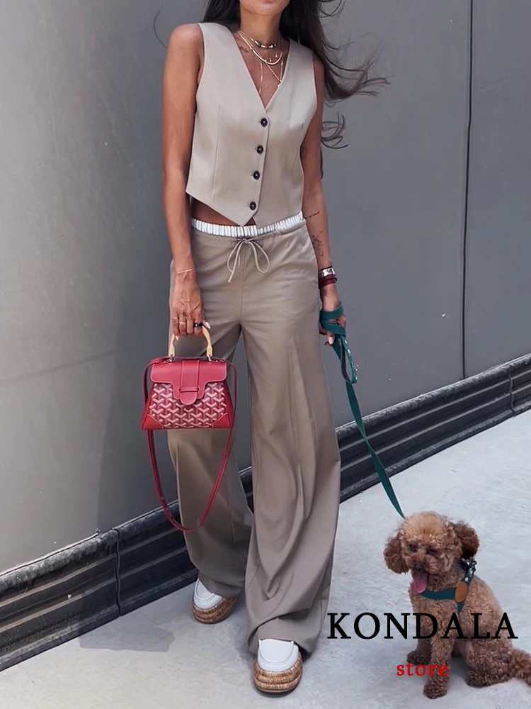 KONDALA Vintage Khaki Office Lady Suit V-Neck Single Button Sleeveless Vest High Waist Long Straight Pants Fashion 2024 Summer