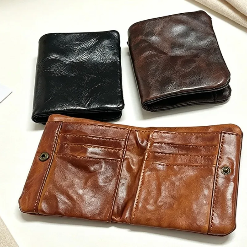 Men Genuine Leather Bifold Wallet Vintage Cowhide Card Holder Wallet with Snap Closure Zipper Coin Pocket ID License Card Purse