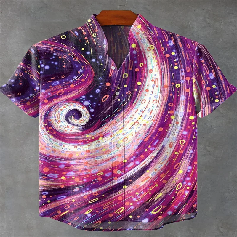 Men's Linen Short Sleeve Stand Collar Shirt Vintage Purple Art Starry Sky Printed Casual Shirt Fast Shipping