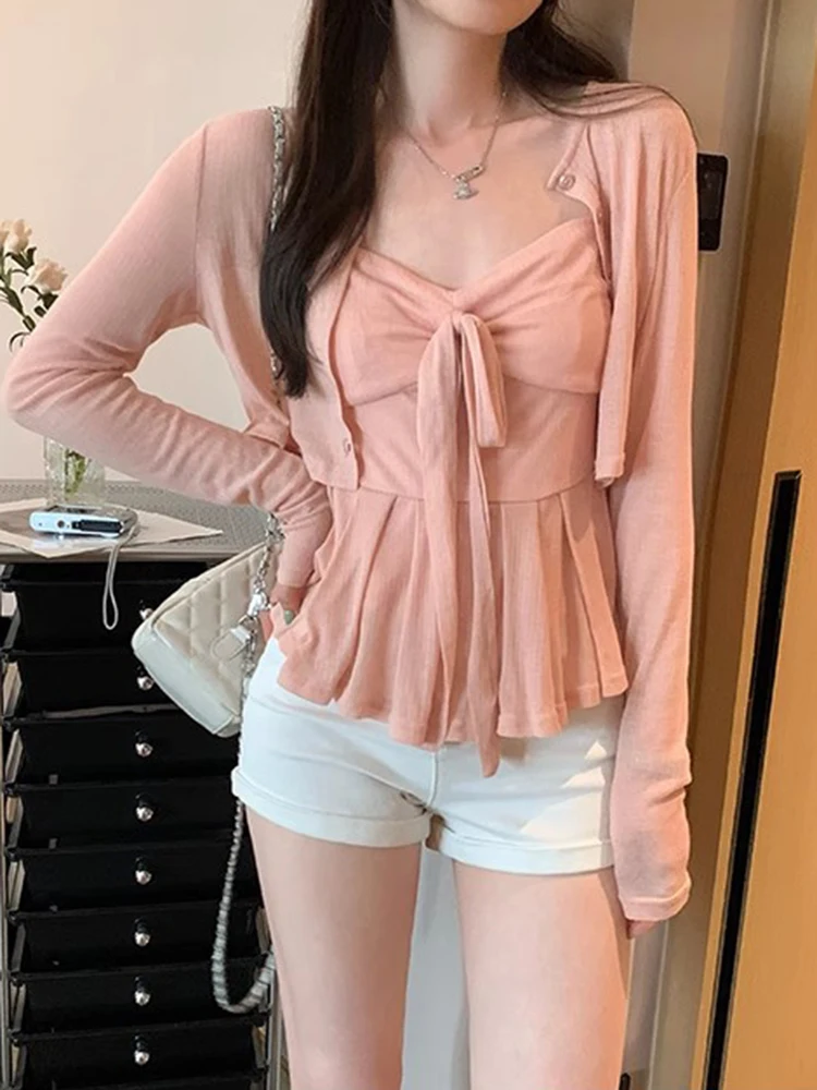 Summer Women's Outfit Set Sun Protection  Knot Tie  Dress Top Two-Piece Ensemble Commute Style Korean Version