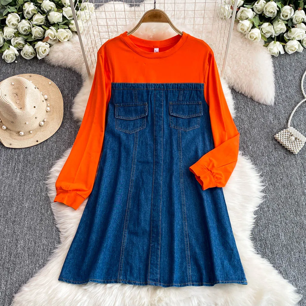 Women Color Matching Denim Dress Female Korean Version Long Sleeve T shirt Splicing Loose Medium Long A-line Dresses