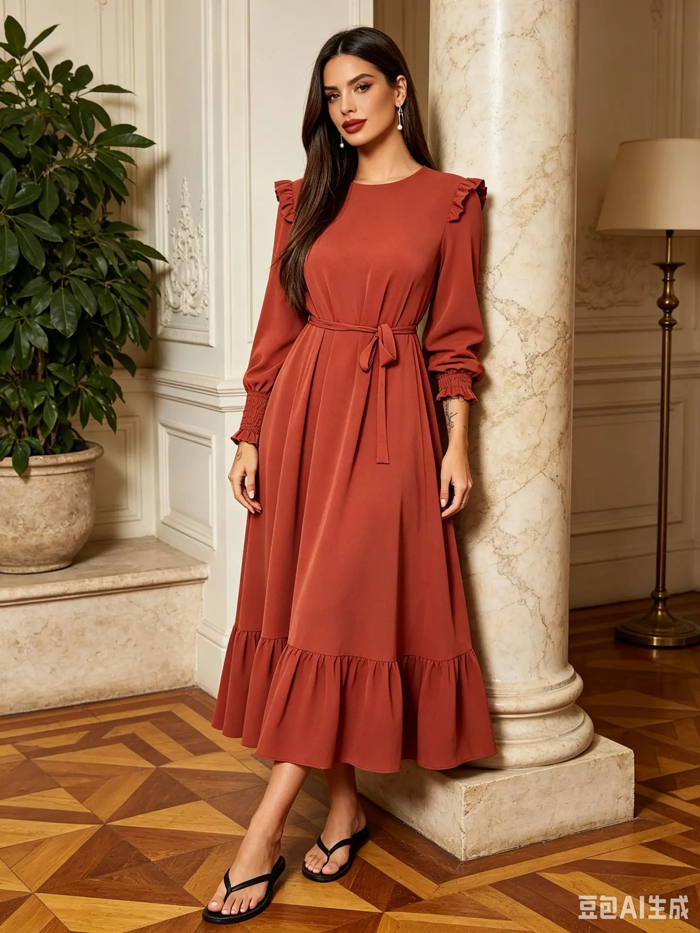 Damen Langarm-Rüschen-Maxikleid mit Gürtel, Lässiges Büro-Party-Swing-Kleid, O-Ausschnitt, Lange Kleider, Herbst-Winter, Vestidos 2027 – Detail 2