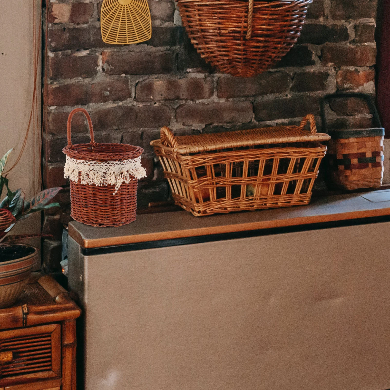 

Large Capacity Rattan Woven Storage Baskets Hanging Wall Basket Kitchen Decor Material Saves Space Easy Access Small