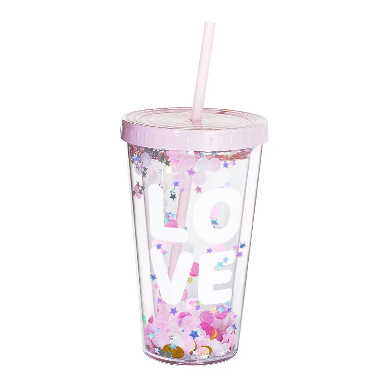 Dot Wave Plate Pipette Tumbler Double Layer Sequin Lovely Pink Plastic Water Bottle with Cover Straw Green Ice Cup In Summer