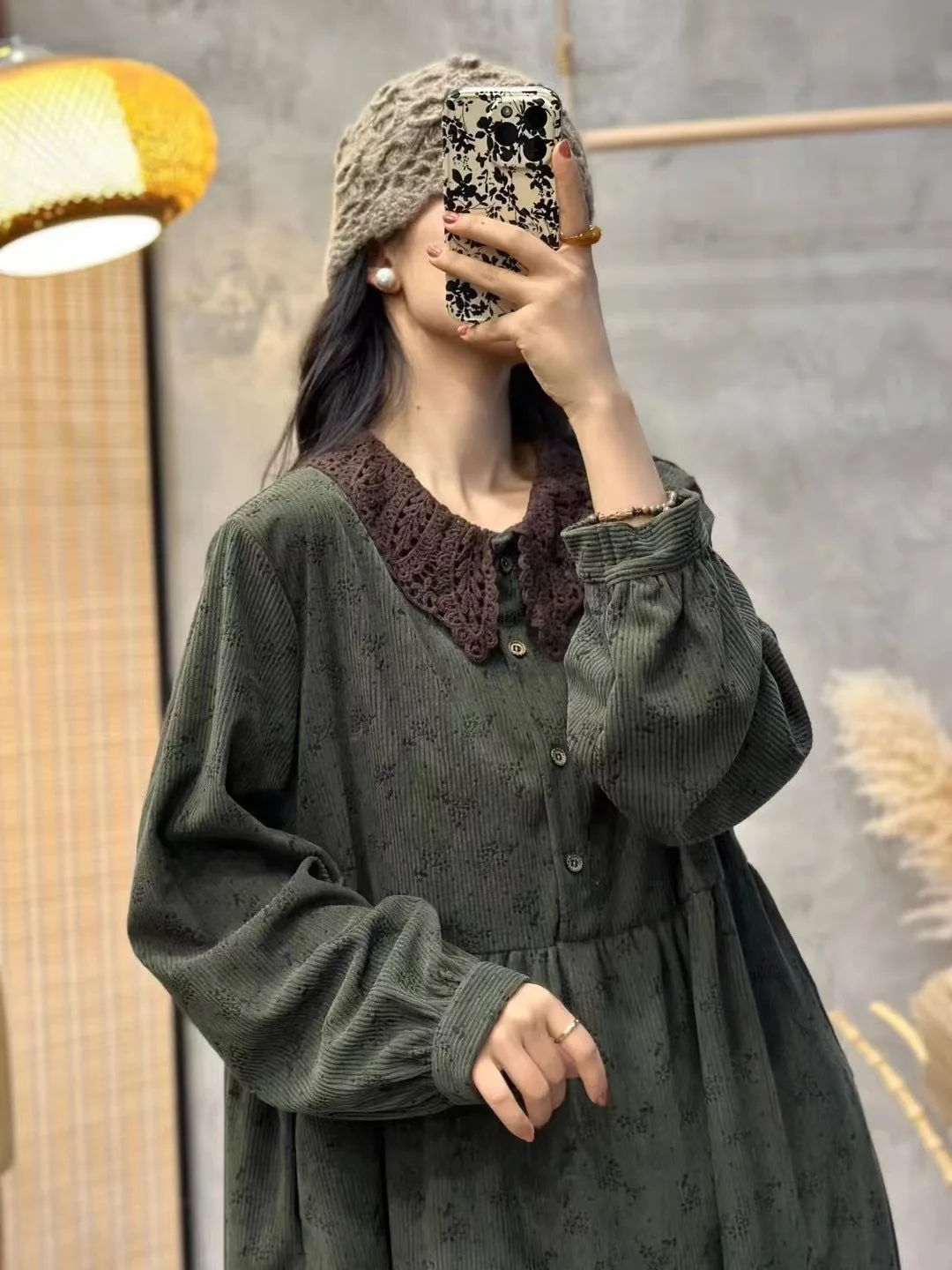 New Summer Cotton Linen Long Sleeve Dresses, Woman Lace Collar Floral, Mori Girl Casual Sweet Loose Dress, 2024 Autumn D47607QM