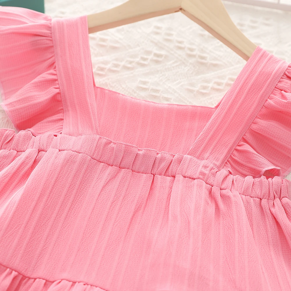 New Summer Style Children Clothing Flying Sleeve Solid Color Pleated Princess Cake Dress Girls Costume Dress