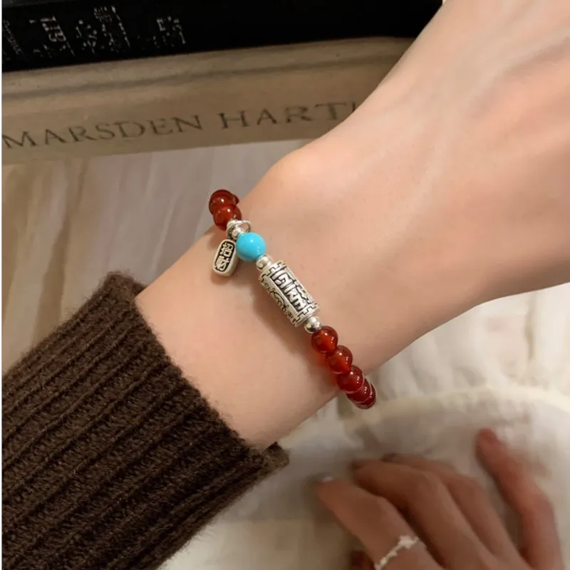 

Sam Panda 925 Sterling Silver Red Agate Bracelet For Women Lucky Chinese Bead Wealth Trend Temperament Jewelry Gift Dropshipping