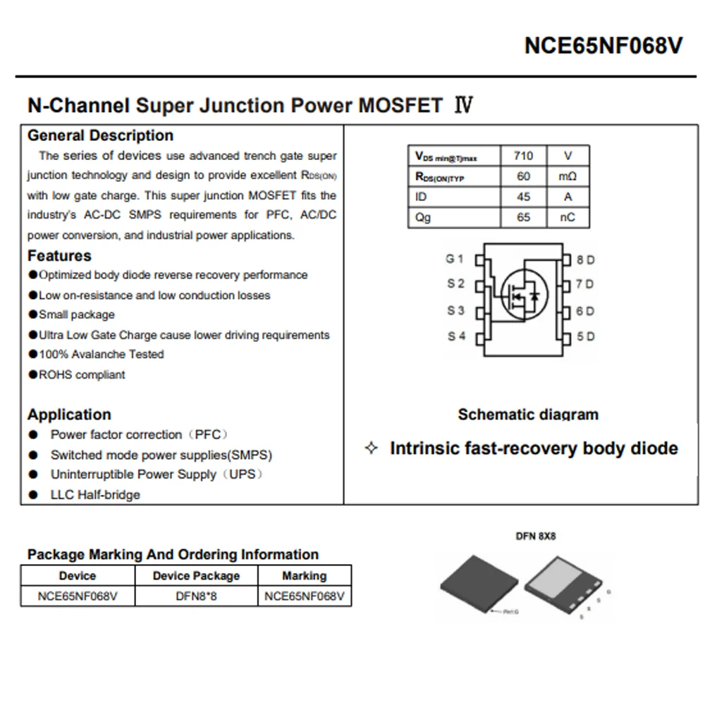 (10 pcs) NCE65NF068V DFN8*8 N-Channel Super Junction Power MOSFET Ⅳ