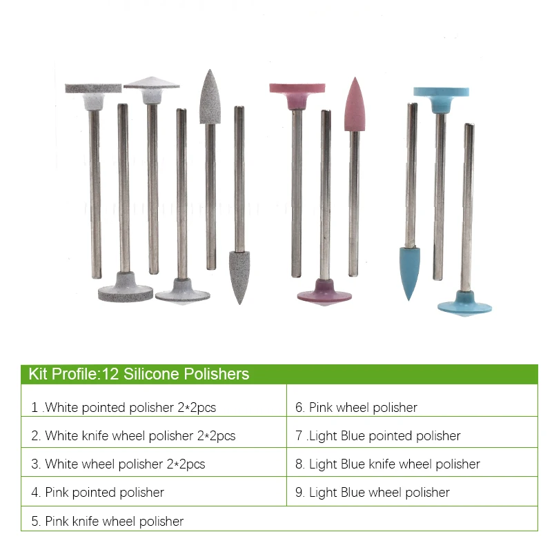 12pcs/set Lab Porcelain Teeth Polishing Kit HP 0312 for Low Speed Handpiece Lab Silicone Polishers Tool