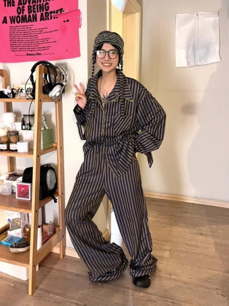 

Casual Striped Long Sve Open Cardigan Spwear Set for Women Spring Autumn Home Comfortable Two-Piece Set Youth Size