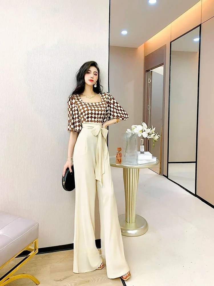 Wide Leg Ladies Trouser Lattice Summer 2024 Holiday Outfits Lace Up Women\'s Blouse and Pants Two Piece Set Shirt Apricot Outfit