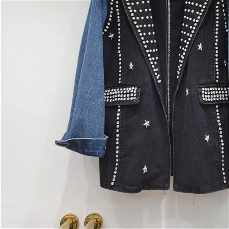 

Mid Long Rivet Diamonds Denim Spliced Plaid Blazer Coat Women Autumn New Loose Vintage Black Jeans Patchwork Suit Jackets Female