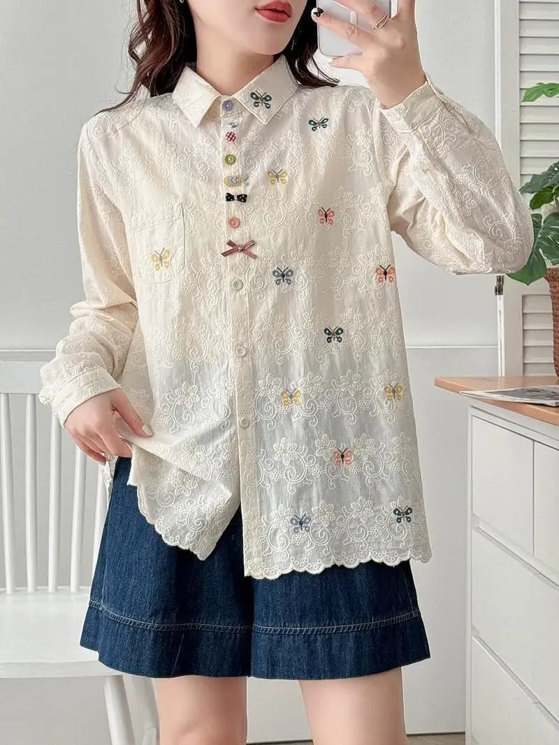 

[Ready Stock] High Quality Women 100% Cotton Blouse Shirt Cardigan Bow Flower Embroidered Butterfly Loose Long Sleeve Shirt