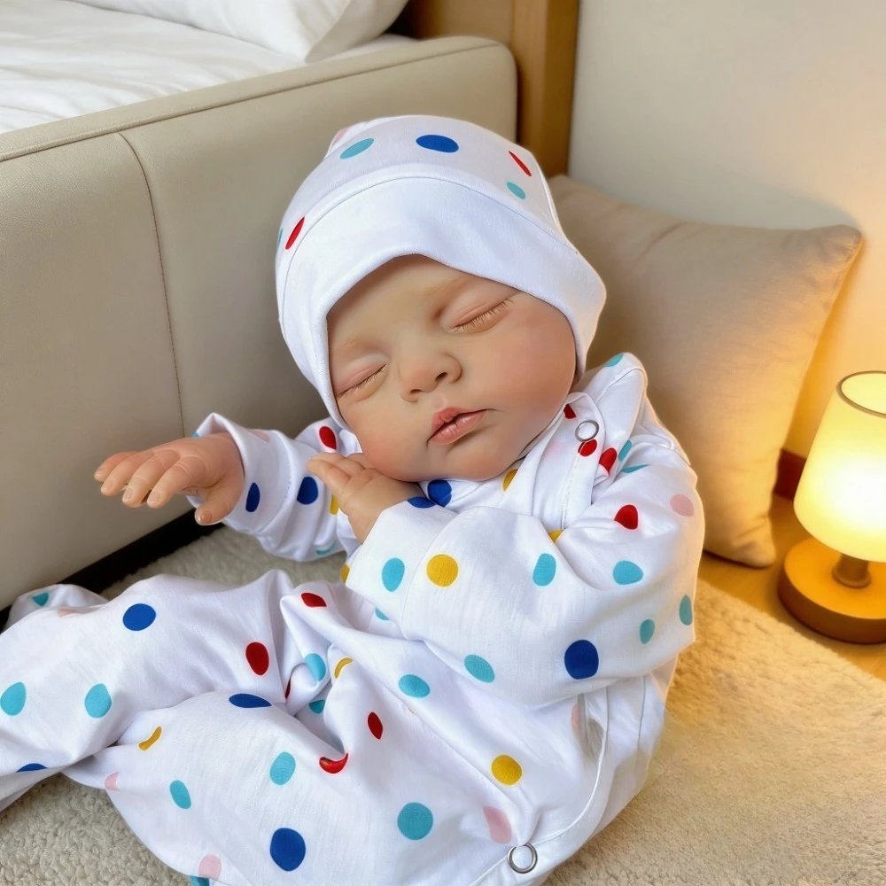 bzdoll-48cm-sleeping-reborn-doll-3d-skin-vinyl-limbs-cloth-body-green-floral-dress-hat-included-kids-birthday-play-gift