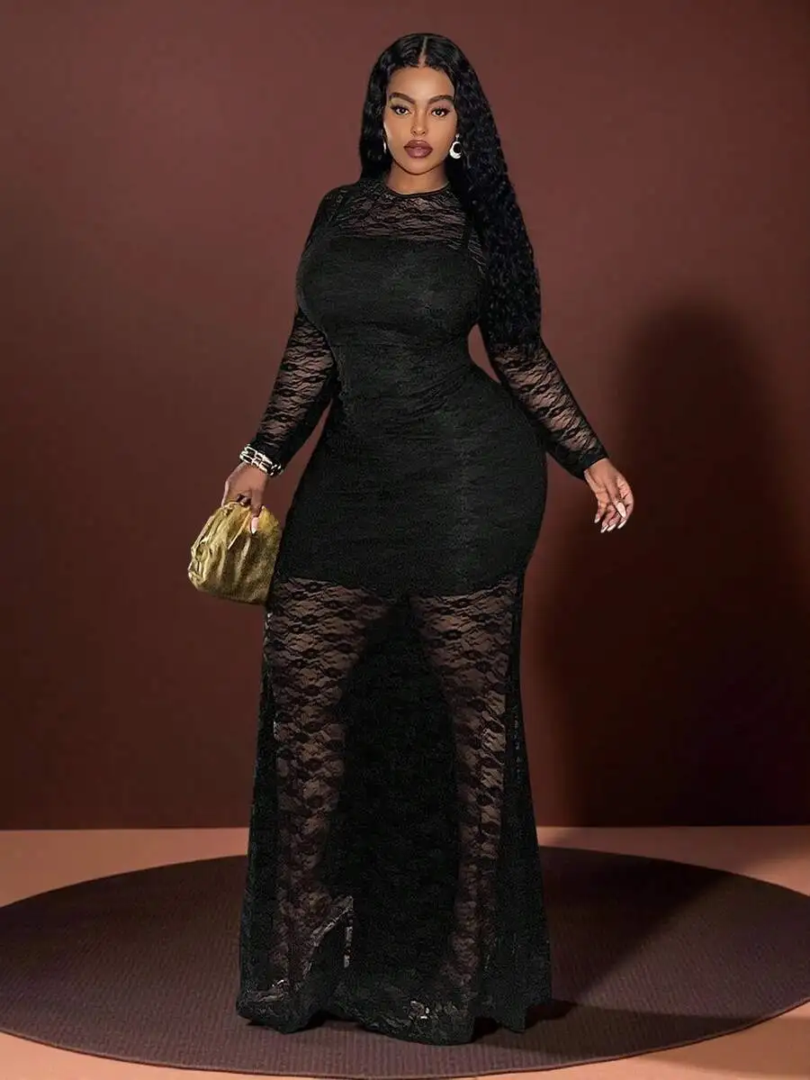 

Black Lace Long Sleeve Maxi Dress with Sheer Panels and Round Neck
