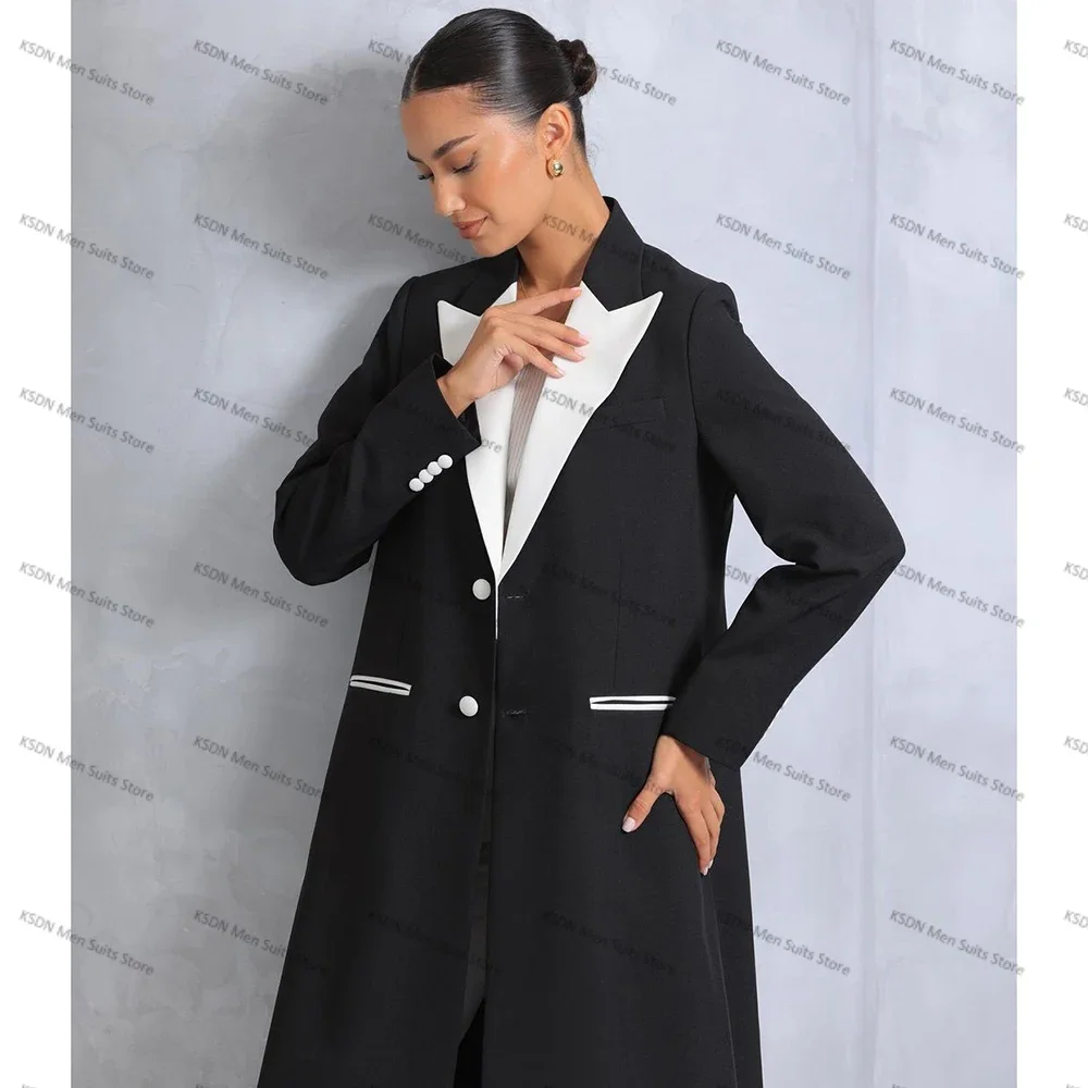 Black Women\'s Blazer One Long Jacket Single Breasted White Peak Lapel Formal Occasion Office Lady Loose Suits Muslim Abayas