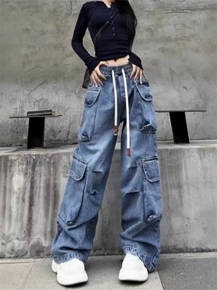 

Женские джинсовые брюки карго с эластичным поясом на шнурке, свободного кроя, с множеством карманов, прямые, с высокой талией, новинка осени 2025