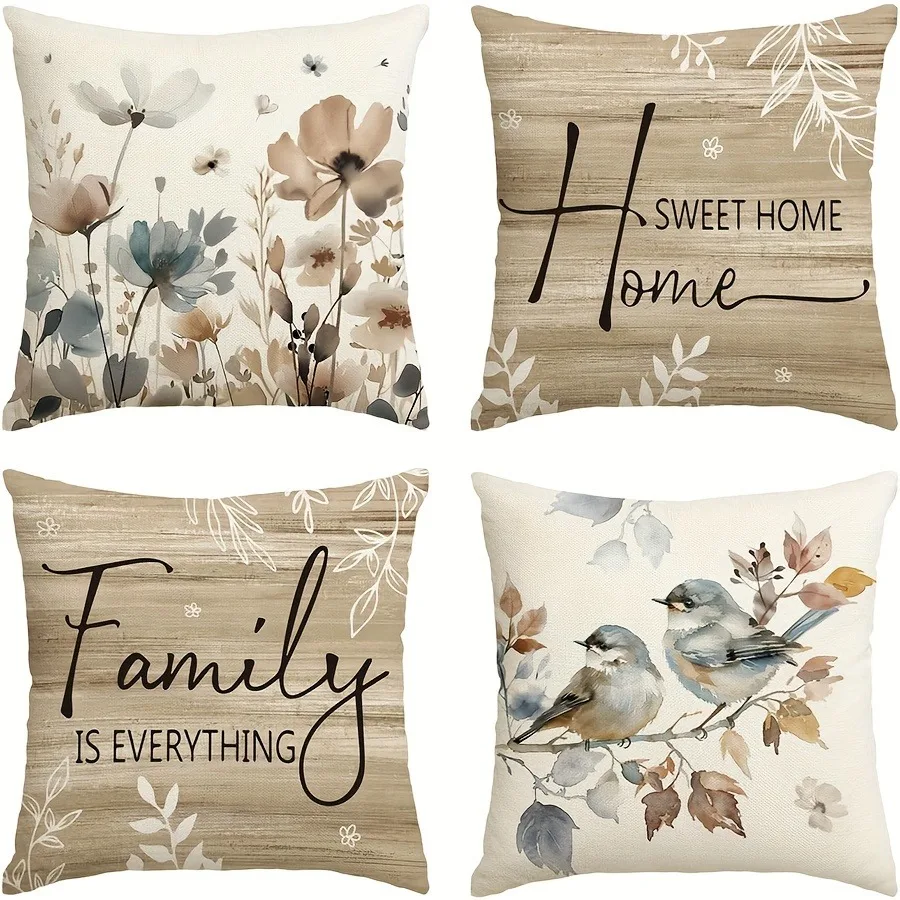 Home decoration pillowcase, plant flower bird SWEET HOME pattern design, soft and comfortable, sofa and chair cushion cover