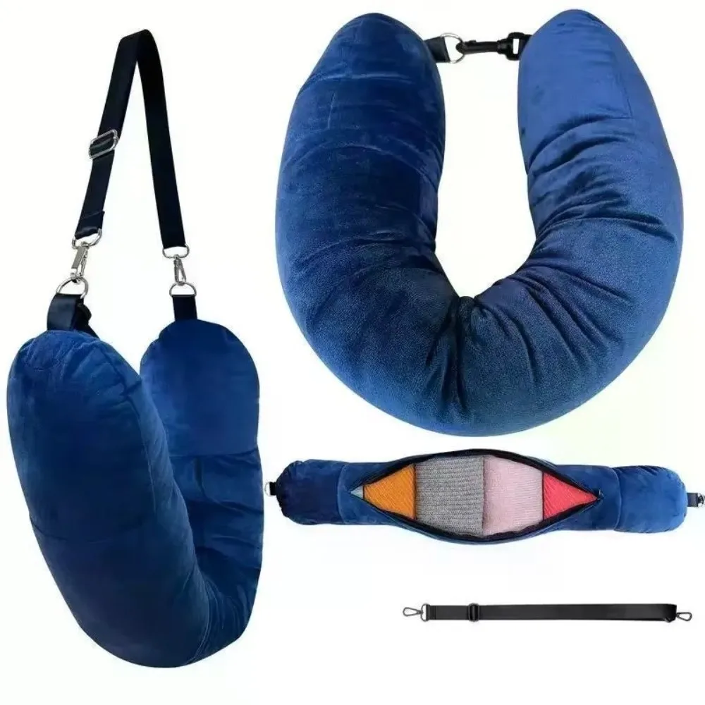 Portable Travel Neck Pillow Solid Color Crystal Fleece Storage Bag Pillow Fillable with Strap U Shaped Pillowcase Travel Use