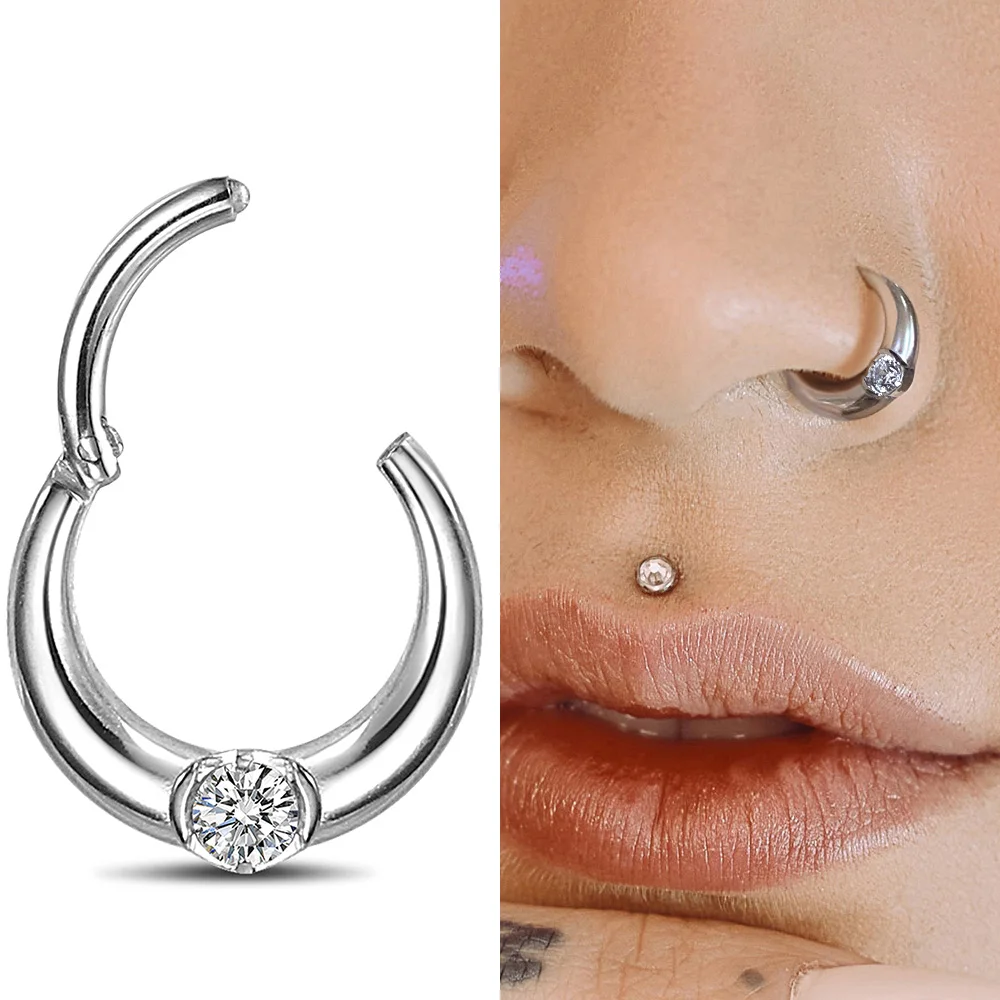 Giga 16G Stainless Steel Nose Rings for Women, Septum Ring with Crystal, Cartilage Clicker Hoop Earrings for Rook Daith