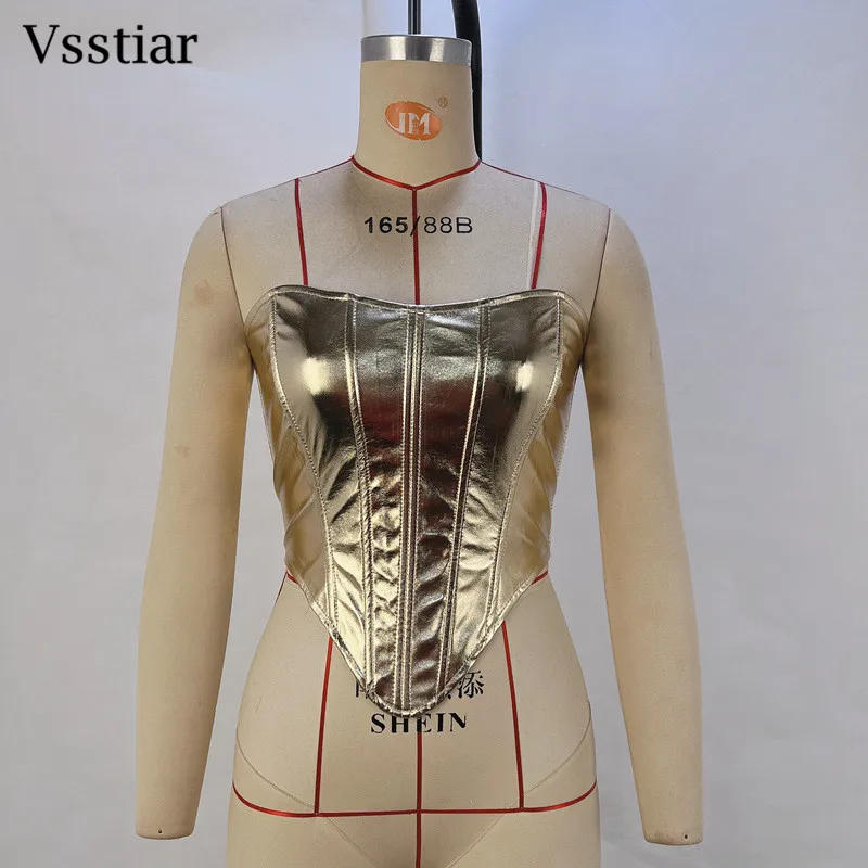 Vsstiar Fashion Bright PU Women Tanks Top Sexy Backless Lace Up Bustier Tops Silver Gold Off Shoulder Party Club Corset Vest