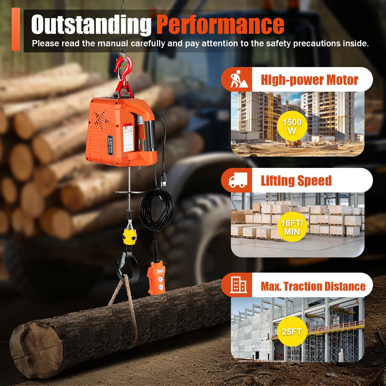 

Portable Electric Winch 500kg/1100lbs Pulling Capacity Electric Winch 60m Wireless 26ft Remote Control Lifting in Factories, set