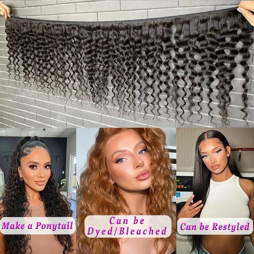 Pacotes de cabelo humano de onda profunda para mulheres, 100% virgem brasileira, cabelo remy, encaracolado profundo, 3 pacotes, trama dupla, 22 em, 24 em, 26 em